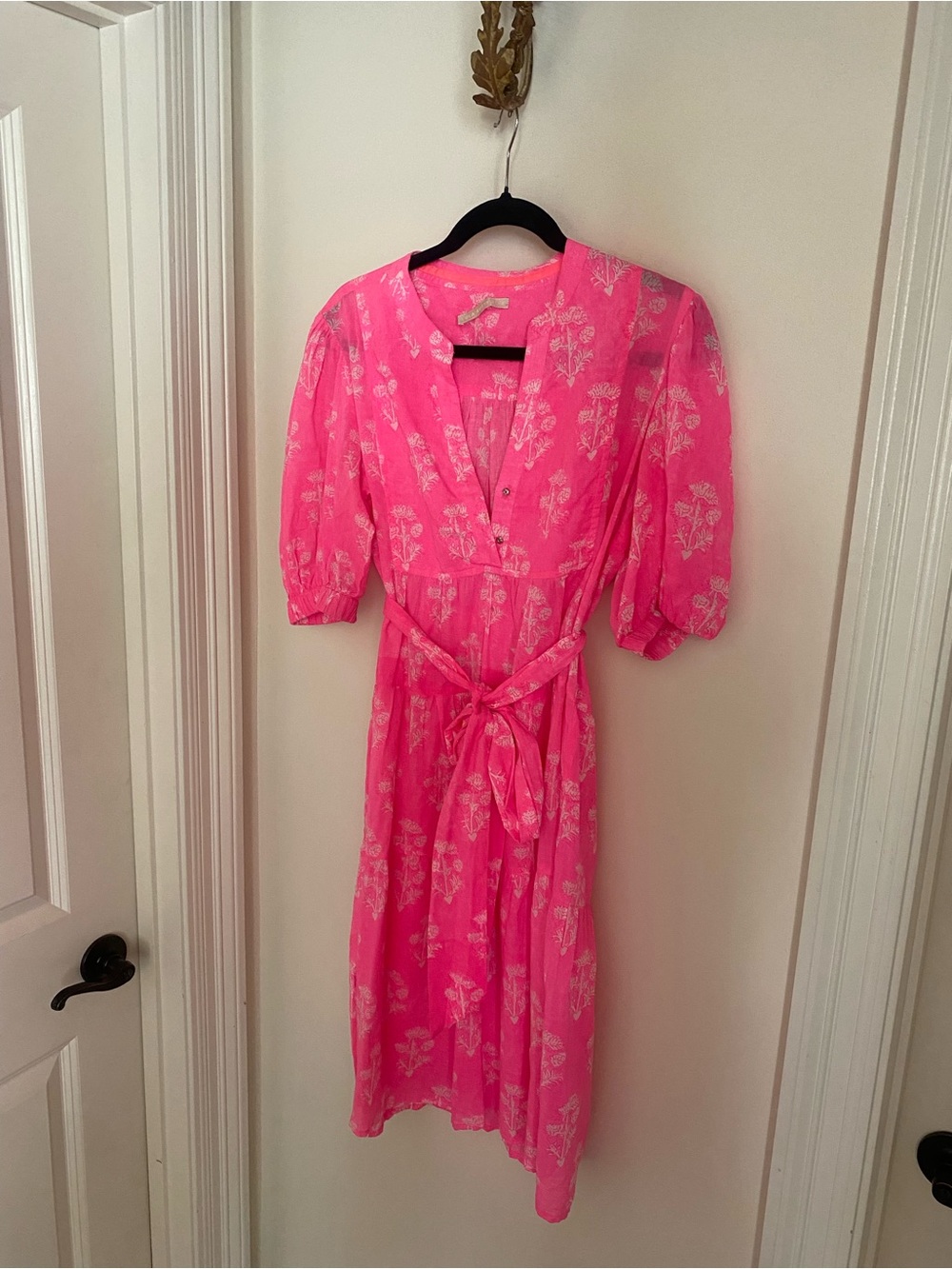 Bright Pink Floral Midi Dress with Tie Waist